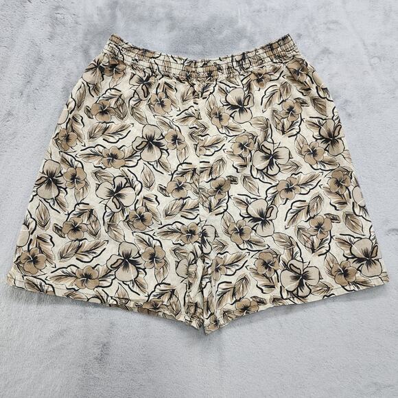 Vintage 80s Basic Editions Shorts Womens M Brown Floral Hawaiian Cotton Pull On - Picture 1 of 9